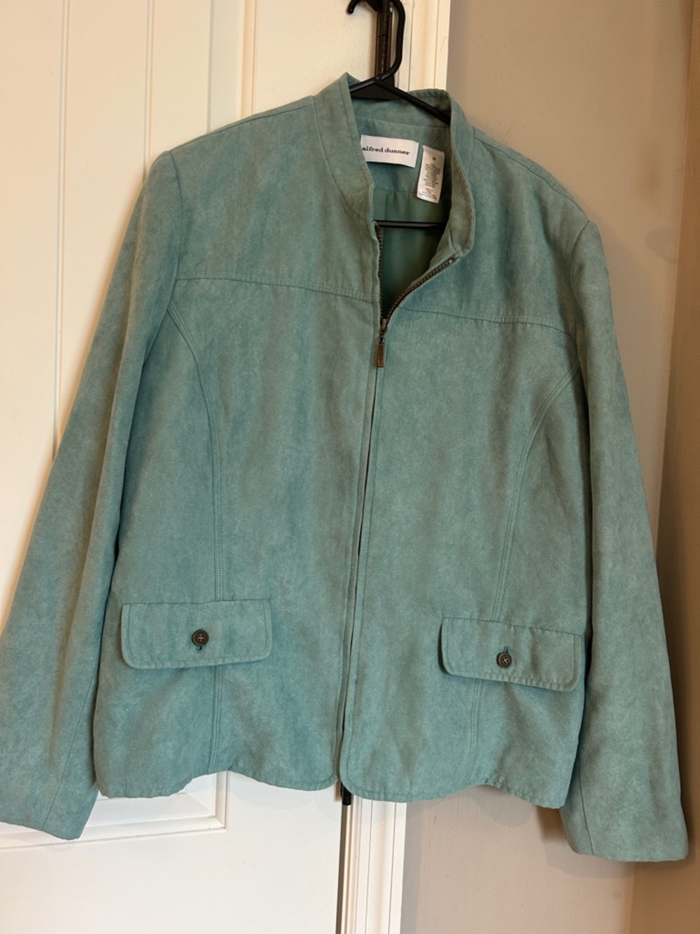 Alfred Dunner Light Teal 100% polyester Suede look Zip blazer jacket dressy